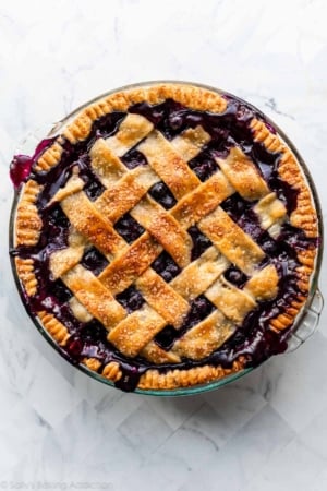 blueberry pie with lattice pie crust.