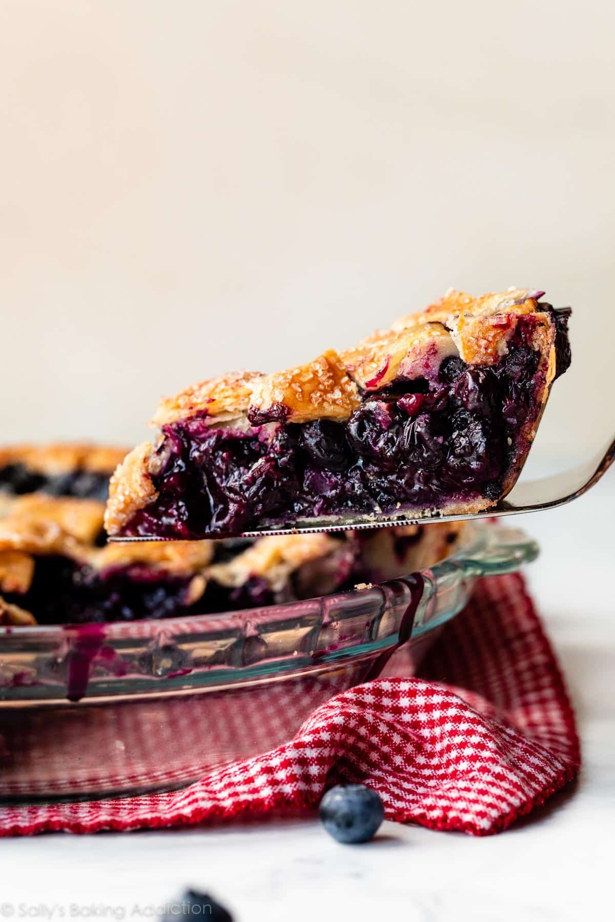 blueberry pie slice being removed from pie dish.