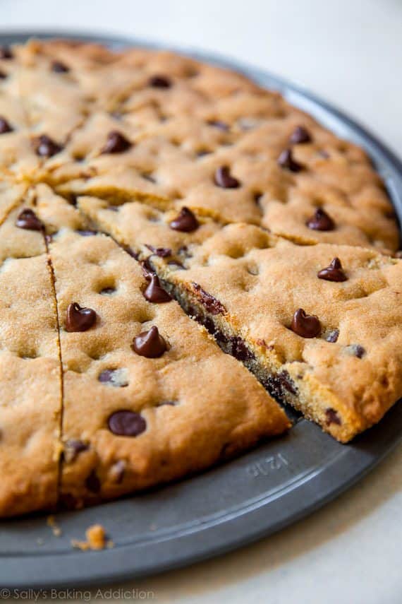 sliced chocolate chip cookie pizza