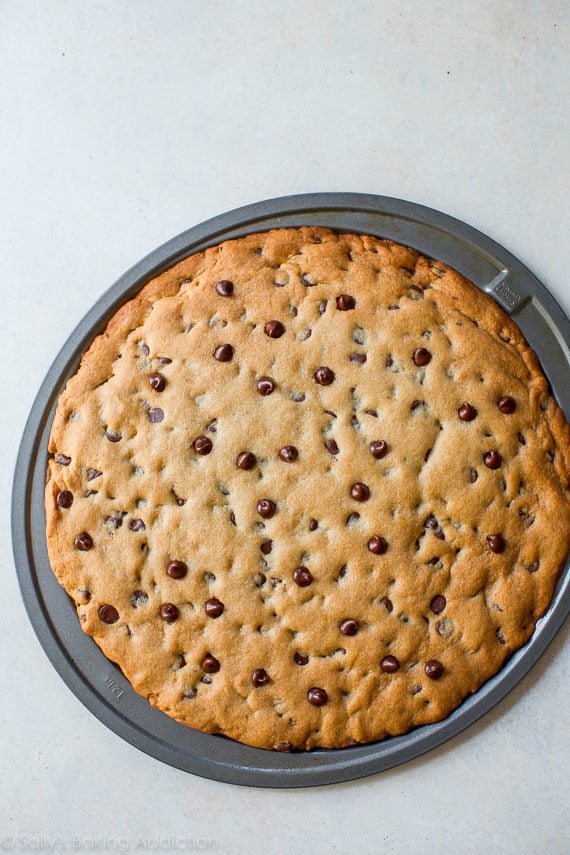 chocolate chip cookie pizza in a pizza pan