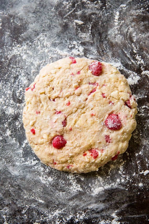 raspberry almond buttermilk scone dough formed into a disc