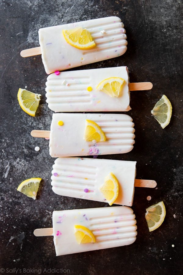 overhead image of creamy lemon popsicles