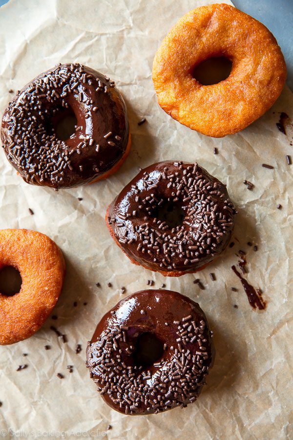 chocolate frosted fried doughnuts