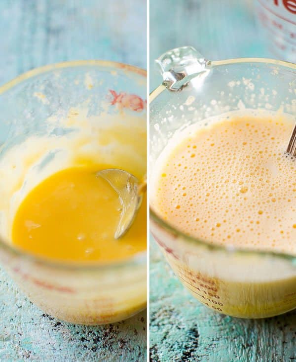 2 images of egg mixture in a glass measuring cup and egg and milk mixture in a glass measuring cup