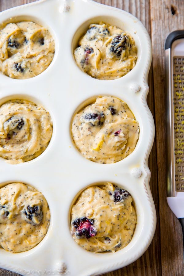 blackberry lemon poppy seed muffin batter in a muffin pan before baking