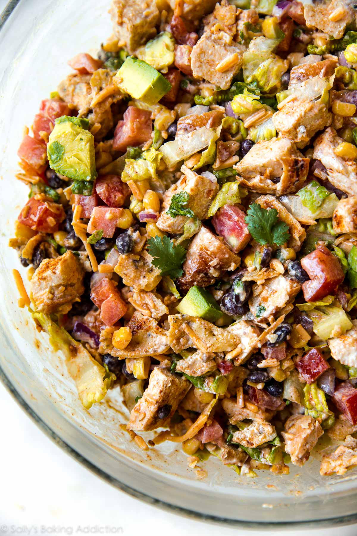 Mexican chopped chicken salad in a glass bowl