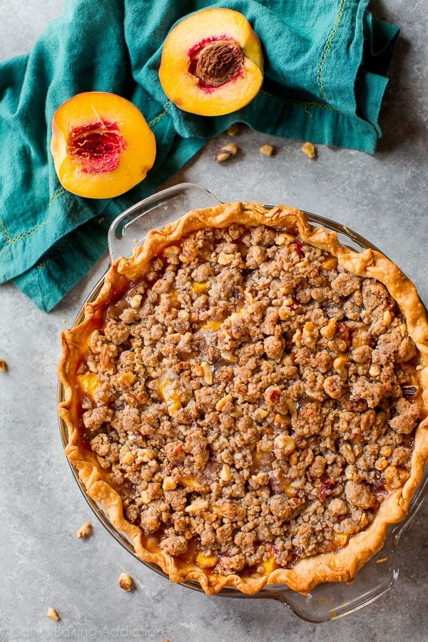 overhead image of peach crumble pie