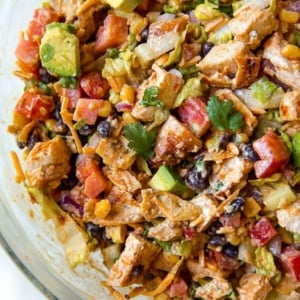 southwestern chopped chicken salad in a glass bowl