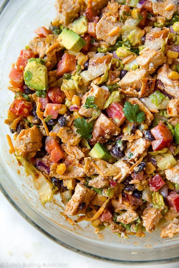 southwestern chopped chicken salad in a glass bowl