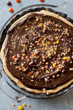 overhead image of peanut butter pie in a glass baking dish