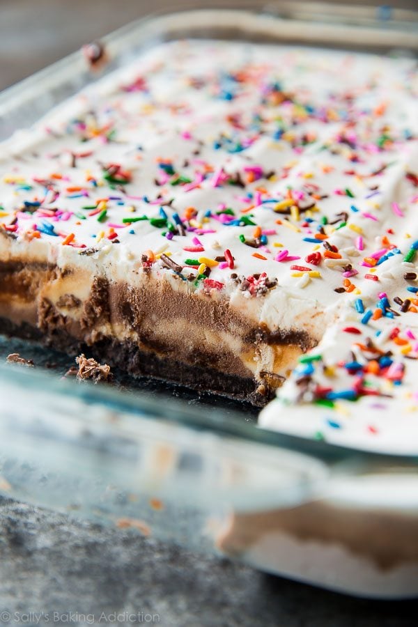 side view showing all of the layers of ice cream cake in a glass baking dish