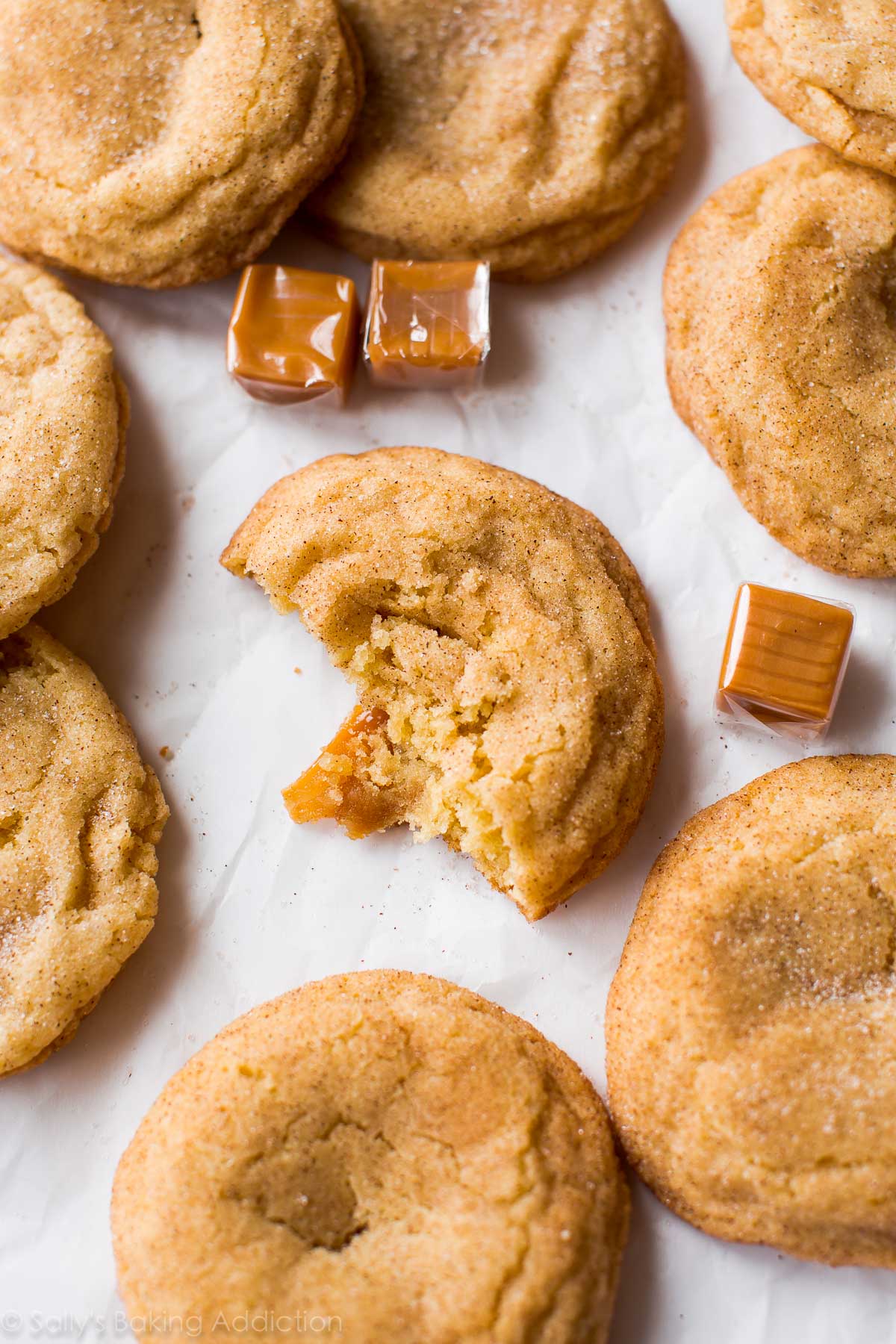 overhead image of caramel snickerdoodle cookies