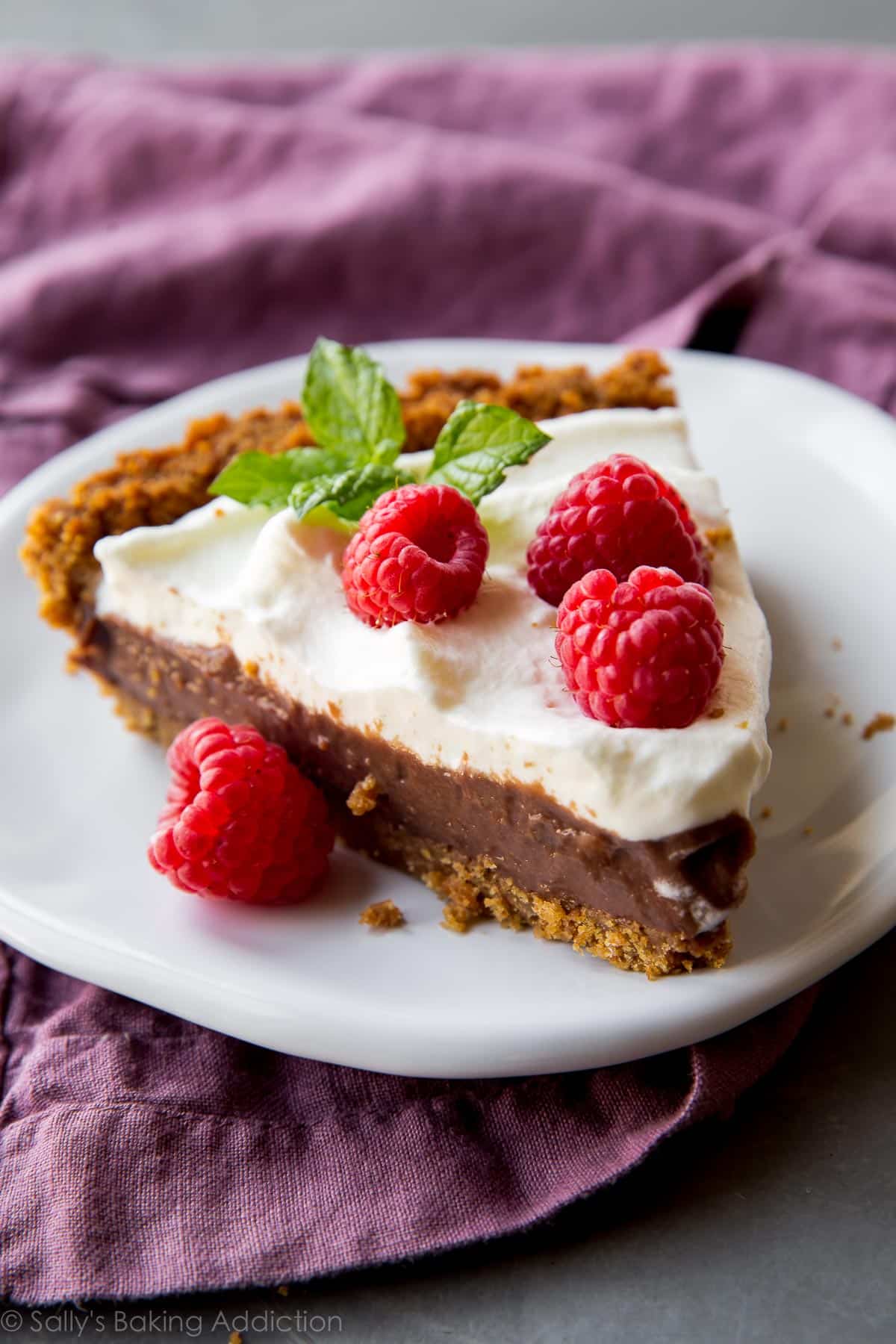 slice of chocolate pudding pie on a white plate