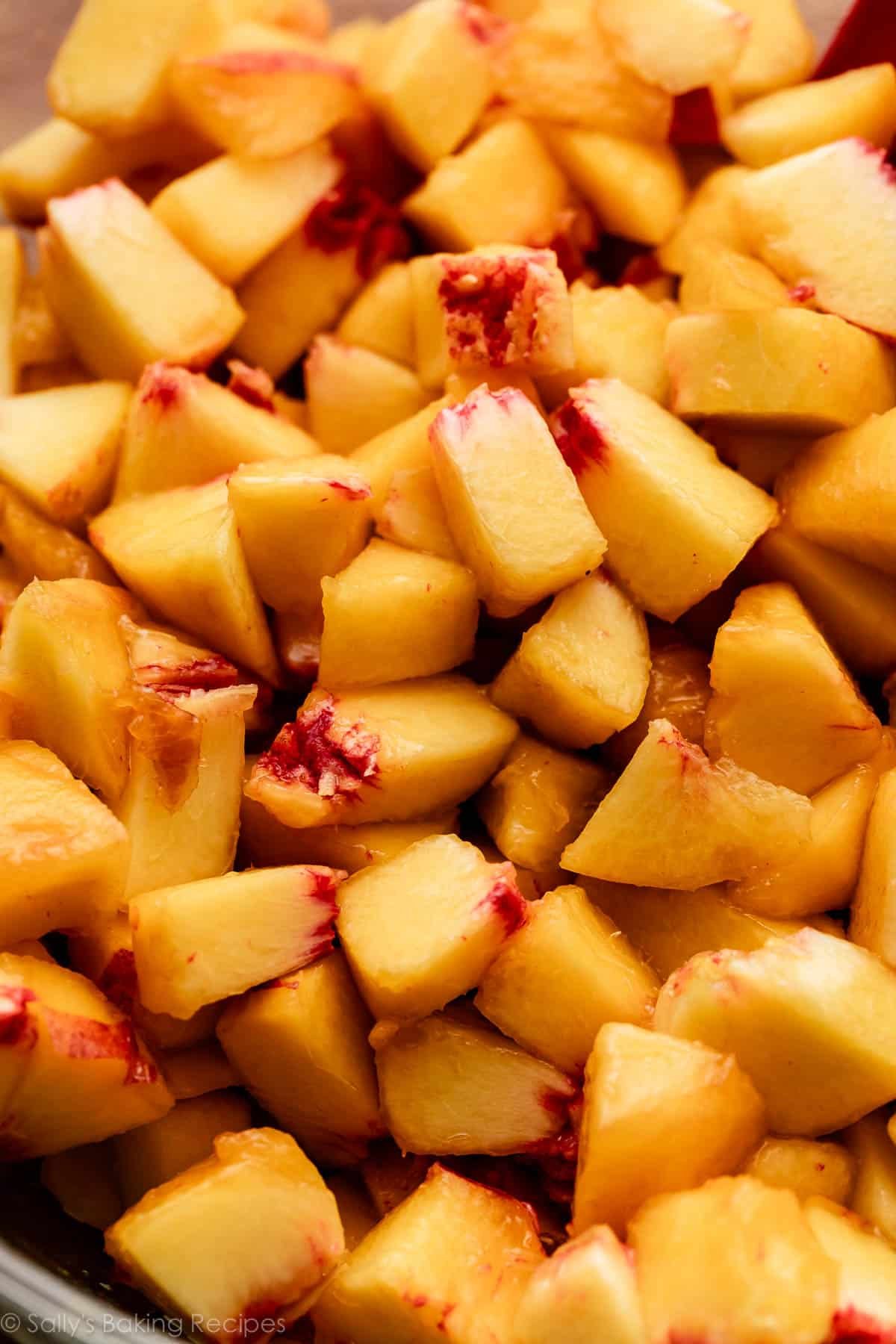 close-up image of chopped peaches.