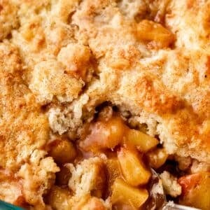close-up of juicy peach cobbler with biscuit topping.