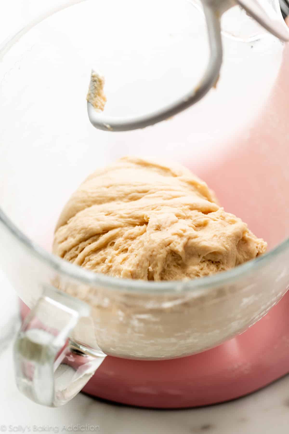 dough in pink stand mixer bowl