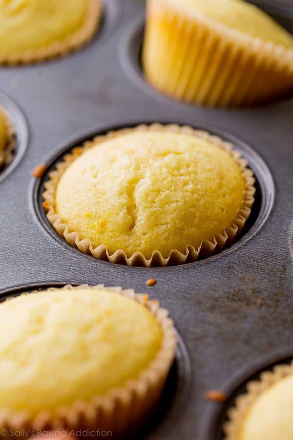 mimosa cupcakes in a cupcake pan after baking