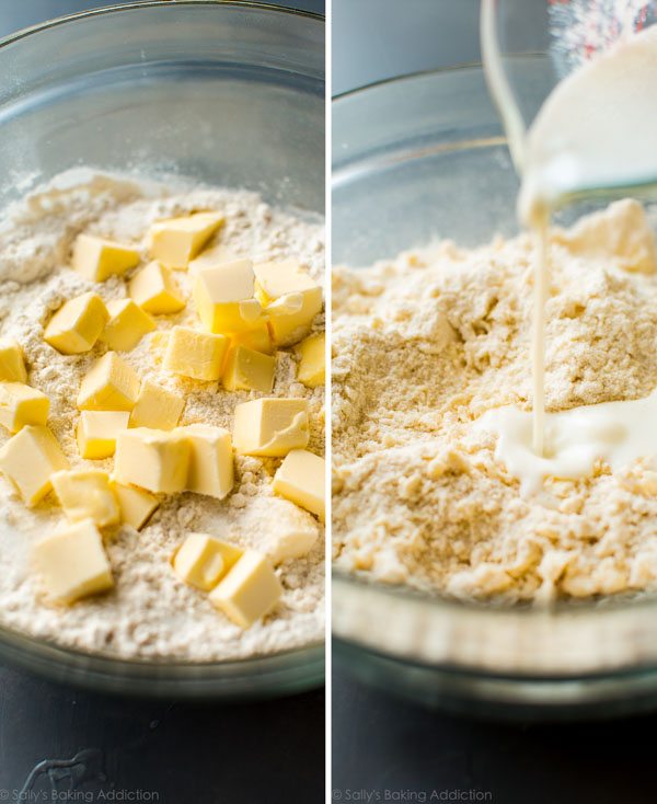 2 images of dry ingredients and cubes of butter in a glass bowl and pouring milk into combined butter and flour mixture in a glass bowl