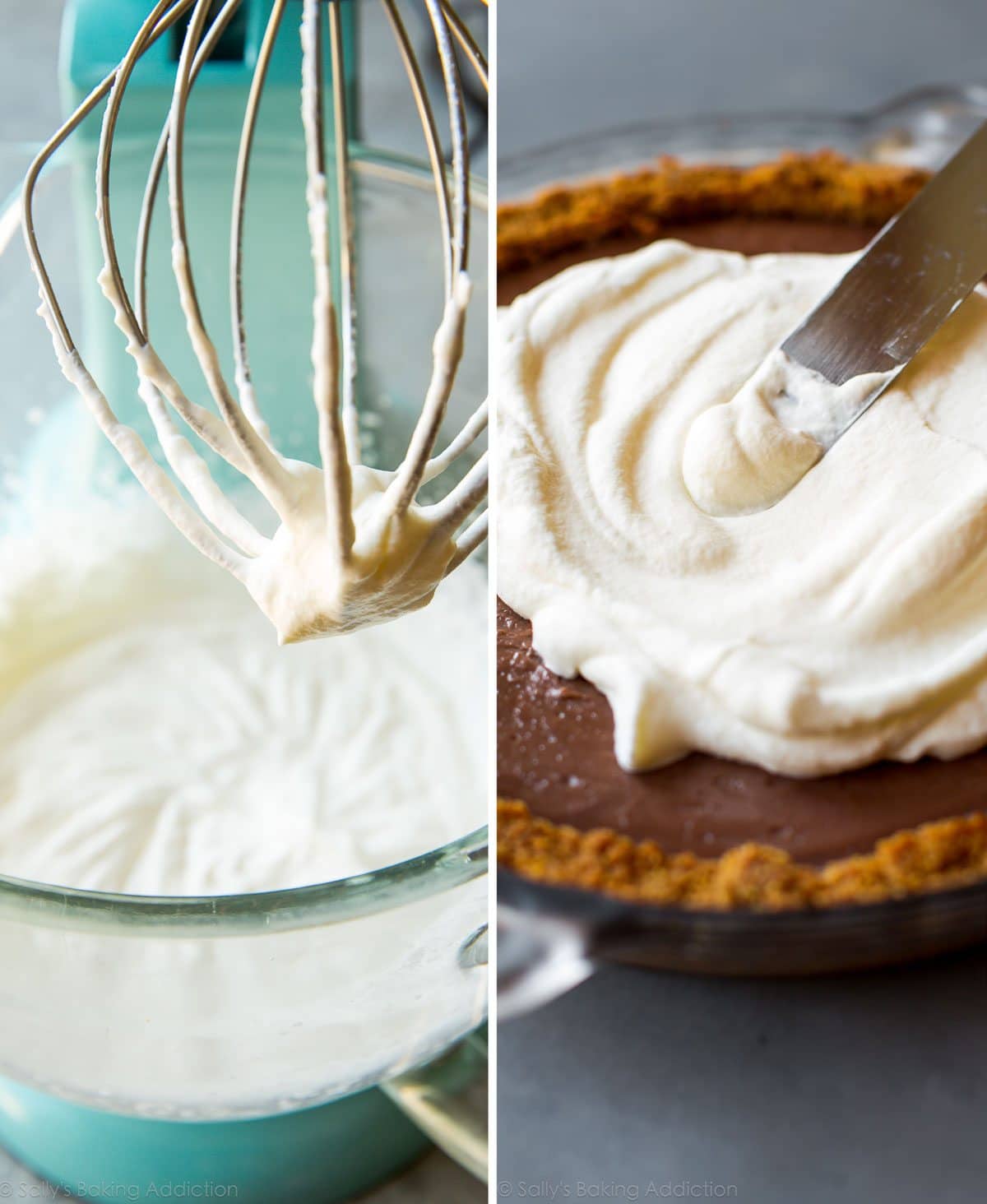 2 images of whipped cream in a stand mixer bowl with a whisk attachment and spreading whipped cream onto chocolate pudding pie