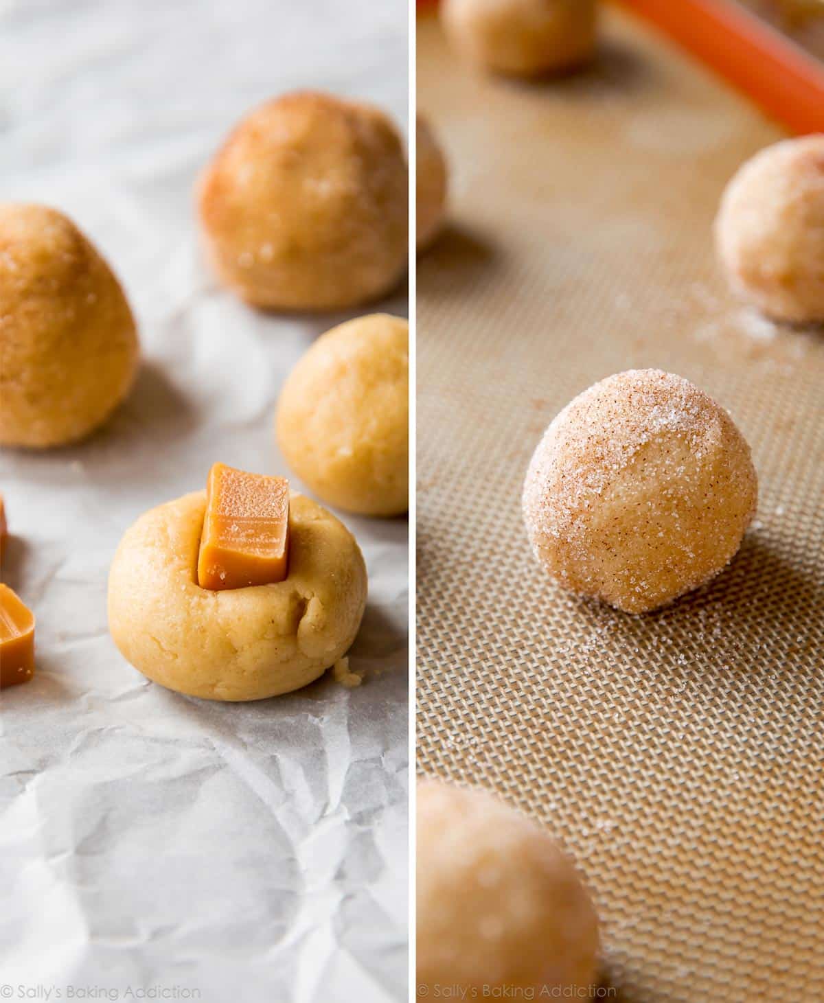 2 images of snickerdoodle cookie dough with a caramel candy stuck inside and covered up with more dough and cookie dough balls on a silpat baking mat