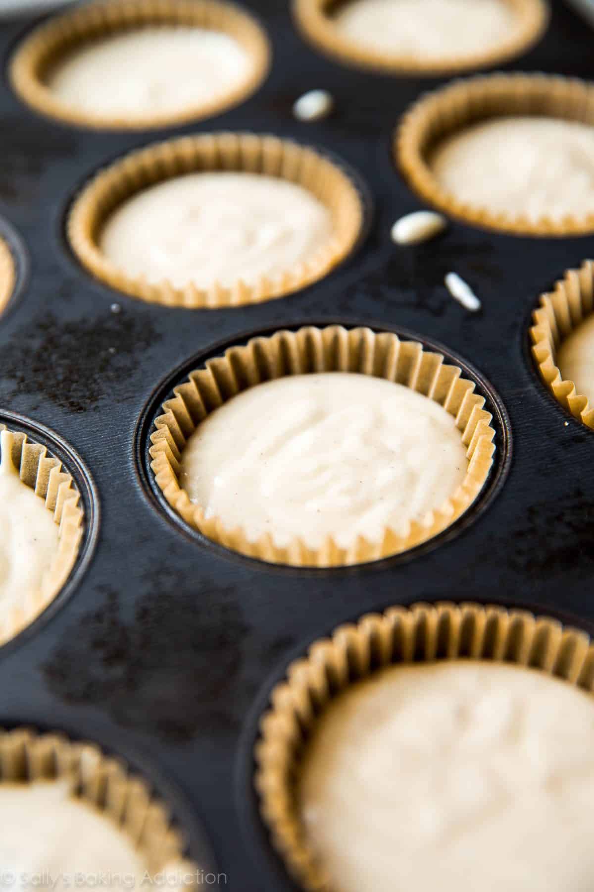 cupcake batter in a cupcake pan before baking.