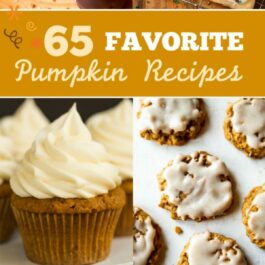collage of pumpkin recipe images with text overlay that says 65 favorite pumpkin recipes