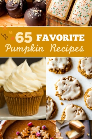 collage of pumpkin recipe images with text overlay that says 65 favorite pumpkin recipes