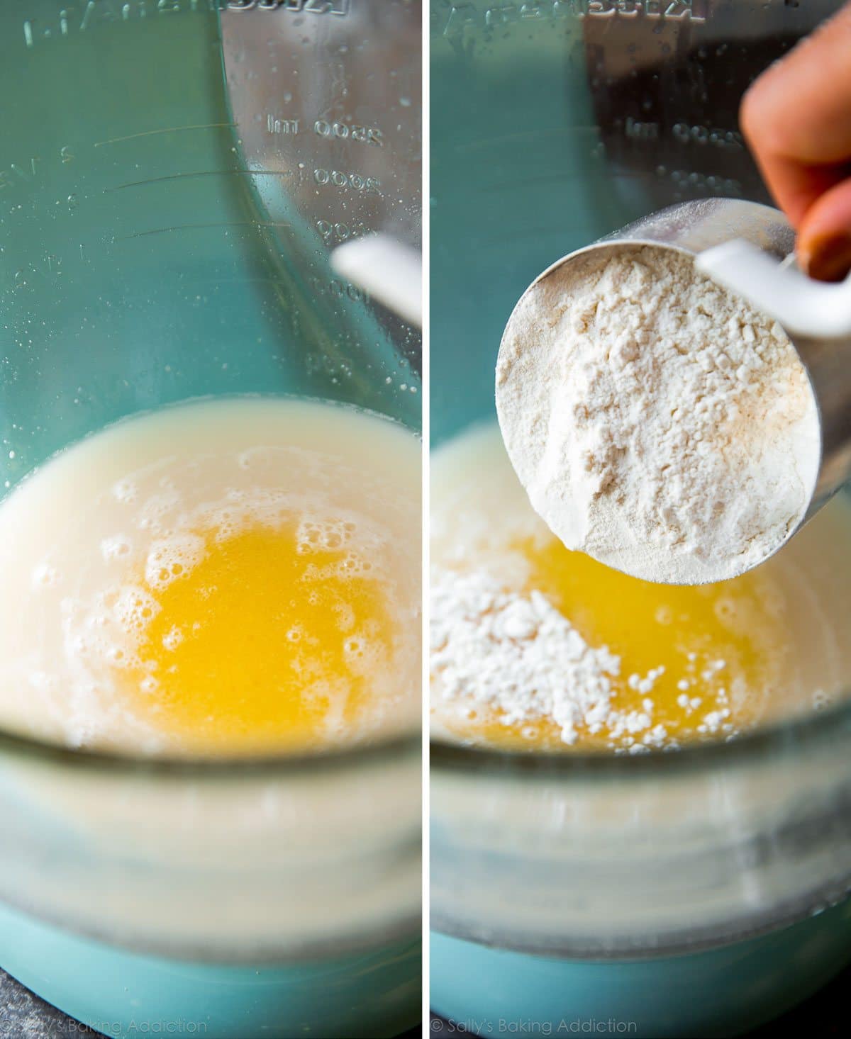 2 images of pretzel dough wet ingredients in a glass bowl and adding flour to wet ingredients in a glass bowl
