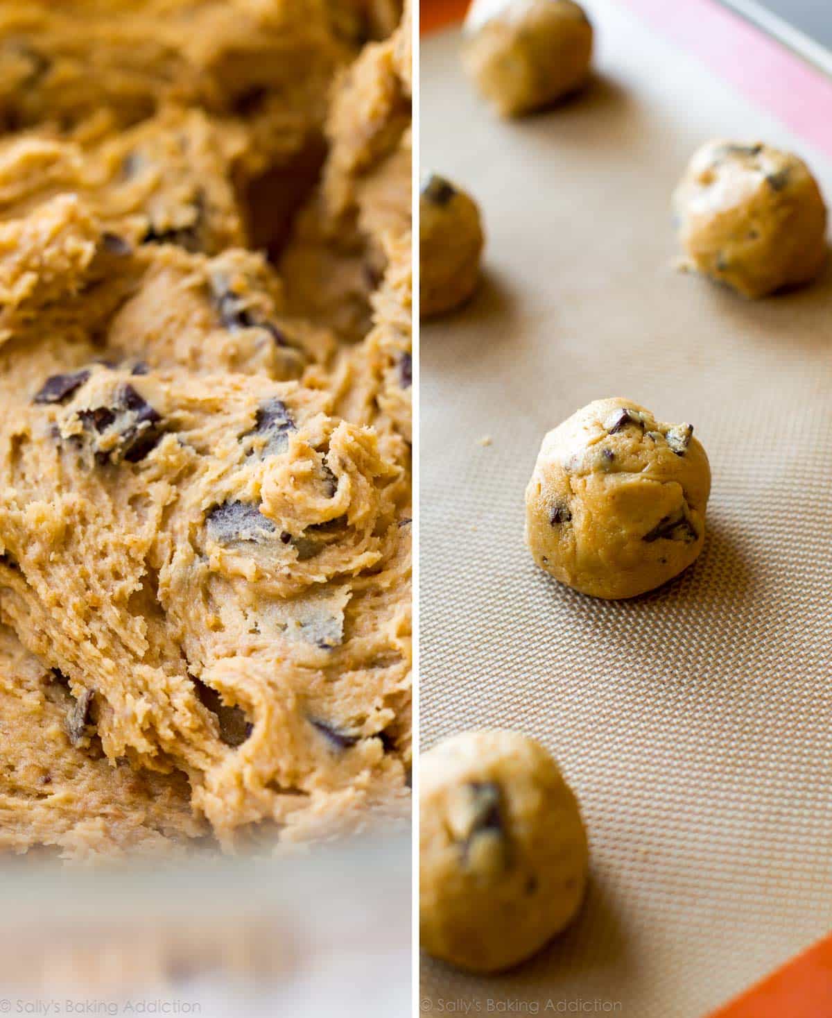 2 images of cookie dough in a glass bowl and cookie dough balls on a silpat baking mat on a baking sheet