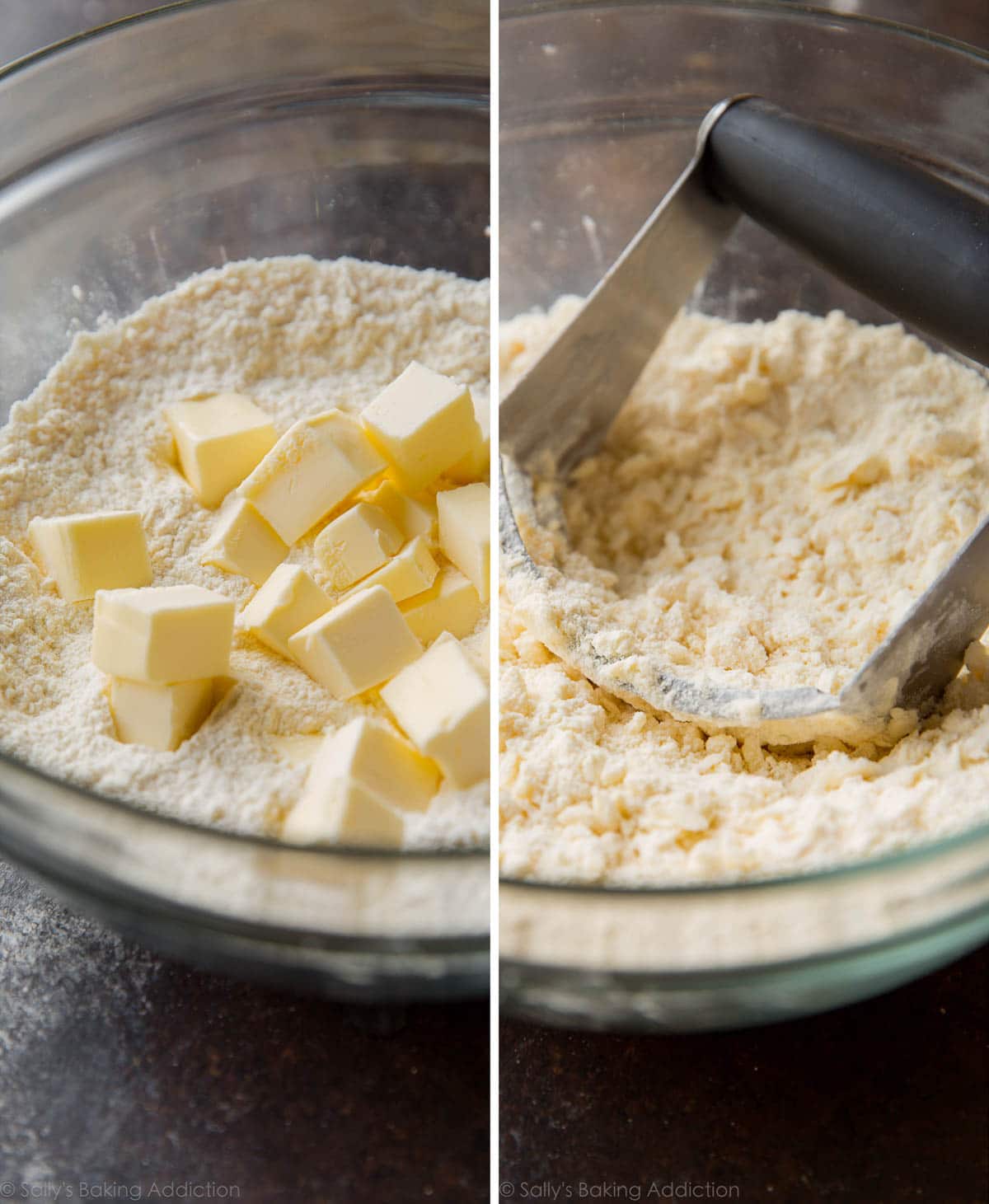 2 images of dry ingredients with cubed butter in a glass bowl and a pastry cutter with galette dough in a glass bowl