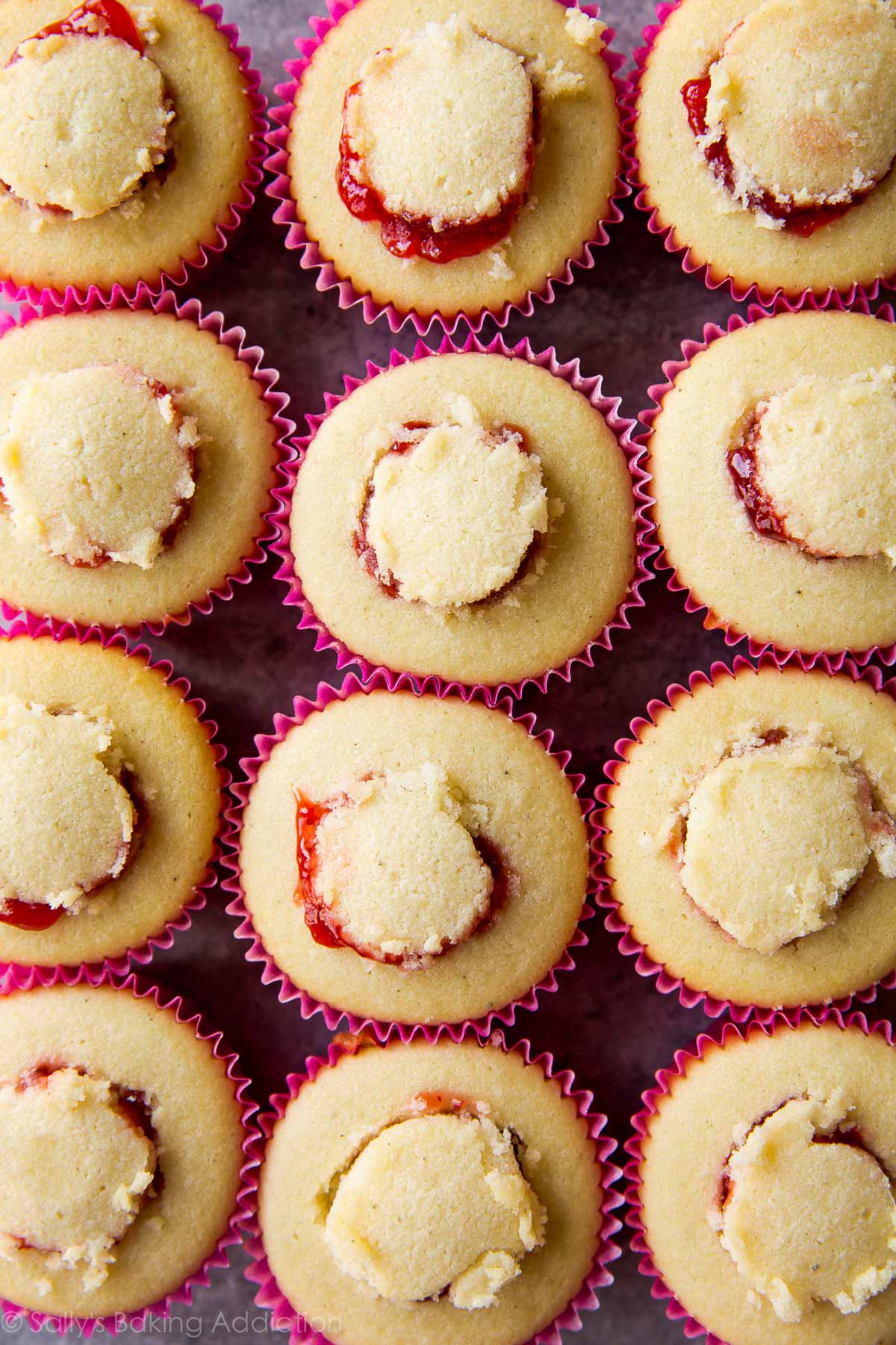 overhead image of vanilla cupcakes filled with jelly and topped with the cupcake top