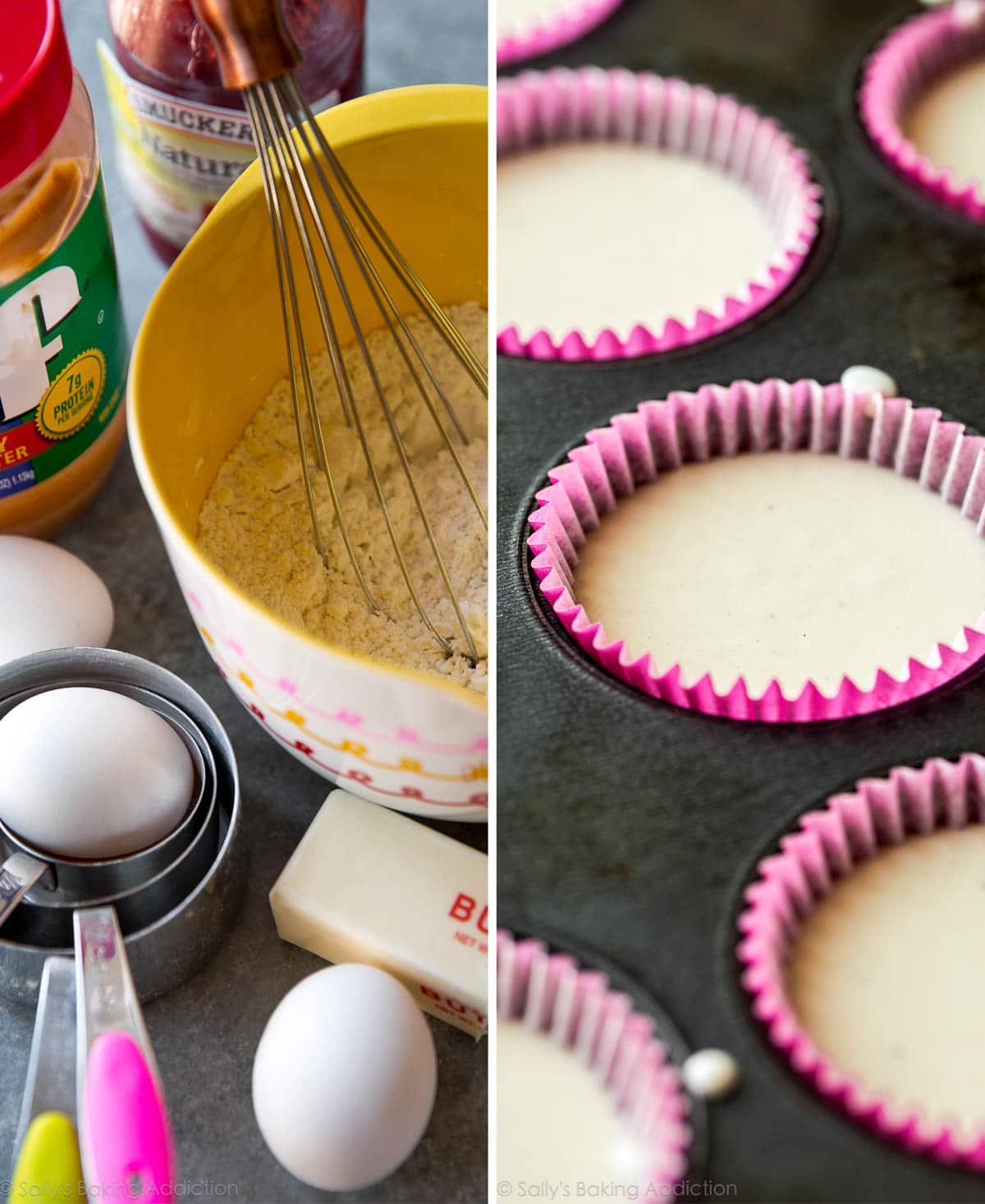 2 images of ingredients for peanut butter and jelly cupcakes and vanilla cupcake batter in a cupcake pan before baking