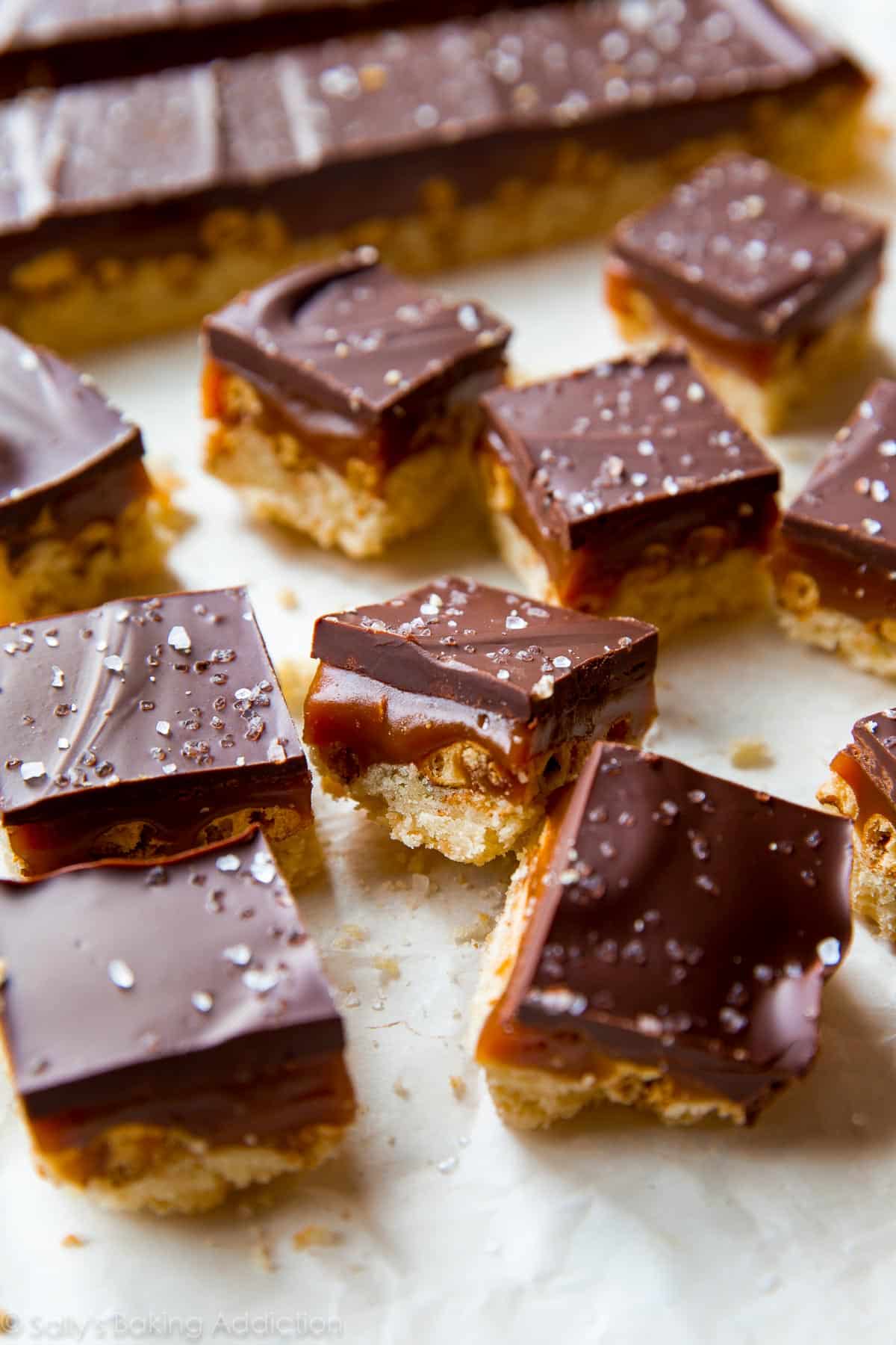 salted caramel pretzel crunch bars cut into squares
