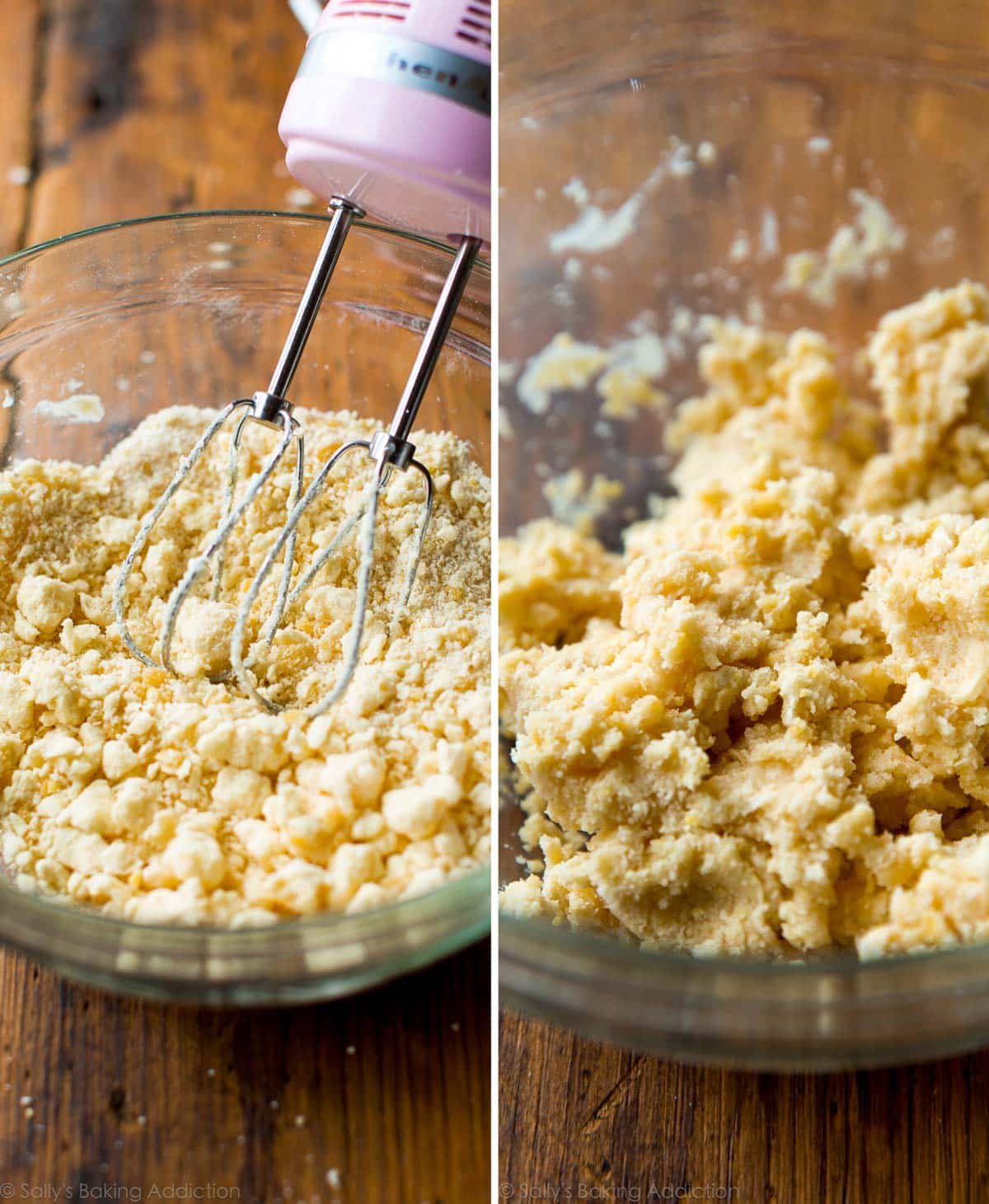 2 images of shortbread crust mixture in a glass bowl with hand mixer and shortbread crust dough in a glass bowl