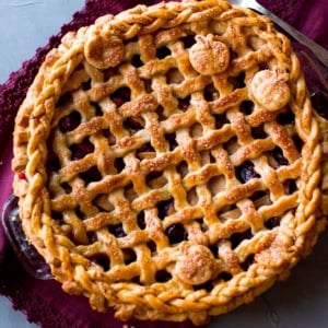 overhead image of apple cranberry pie with latticed pie crust after baking