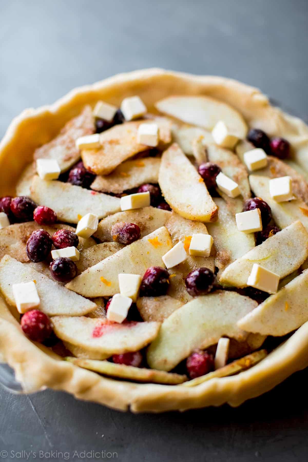 apple cranberry pie filling in a pie dish