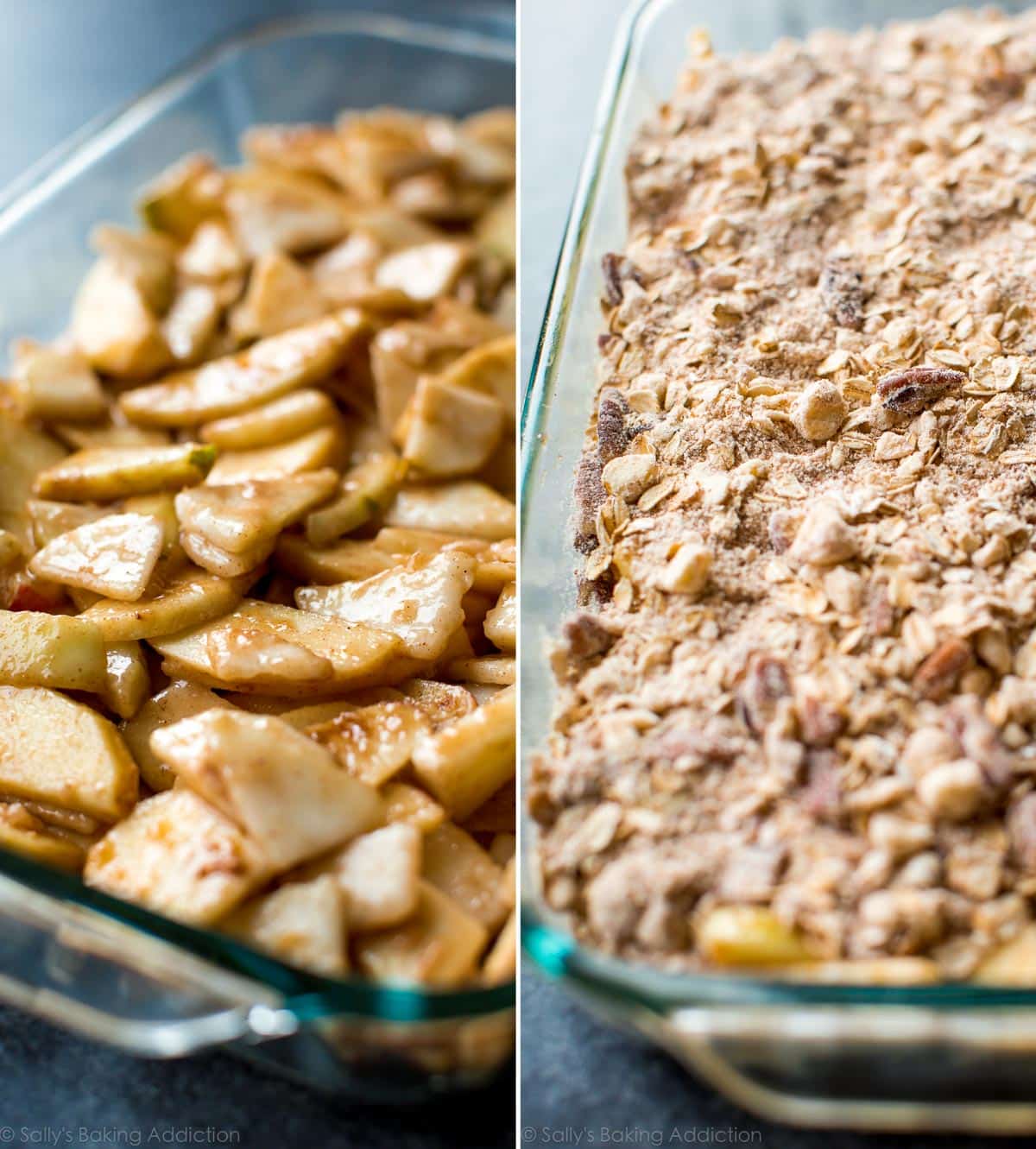2 images of apple pear crisp filling in a glass baking dish and crisp topping sprinkled over the pear and apple mixture