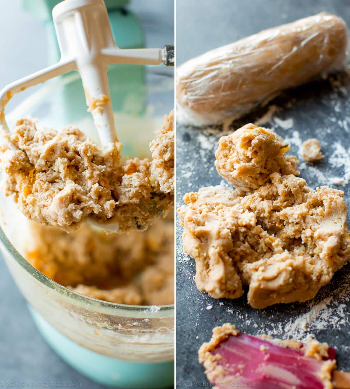 2 images of cookie dough in a glass stand mixer bowl with a paddle attachment and cookie dough on the counter and part of the cookie dough rolled into a log and wrapped in plastic wrap