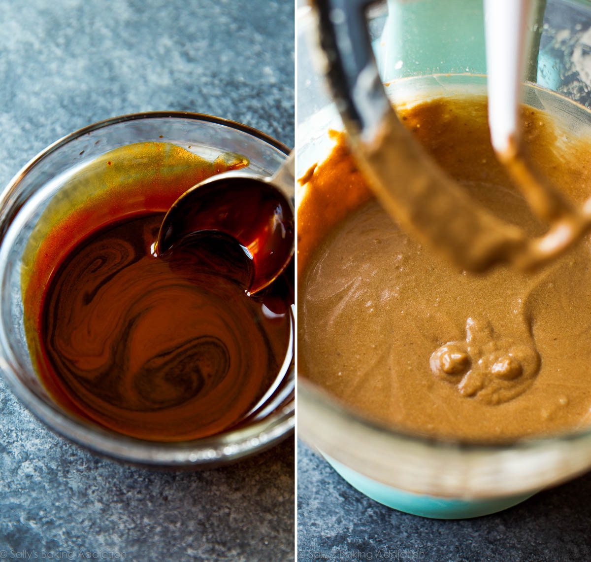2 images of instant espresso mixed with water and cupcake batter in a mixing bowl