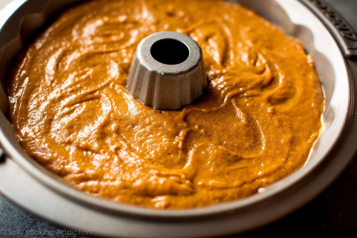 pumpkin cream cheese bundt cake in a bundt pan before baking