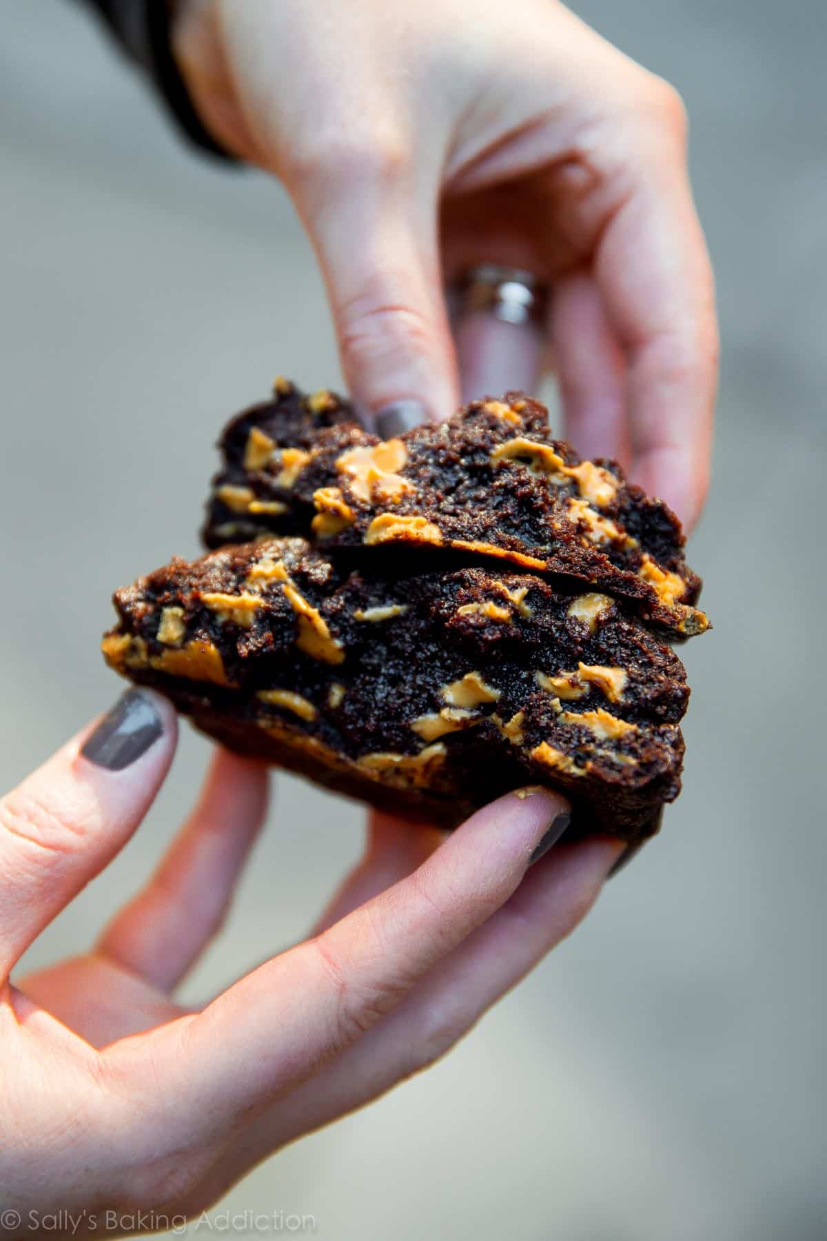 hands holding a Levain Bakery cookie broken in half showing the inside