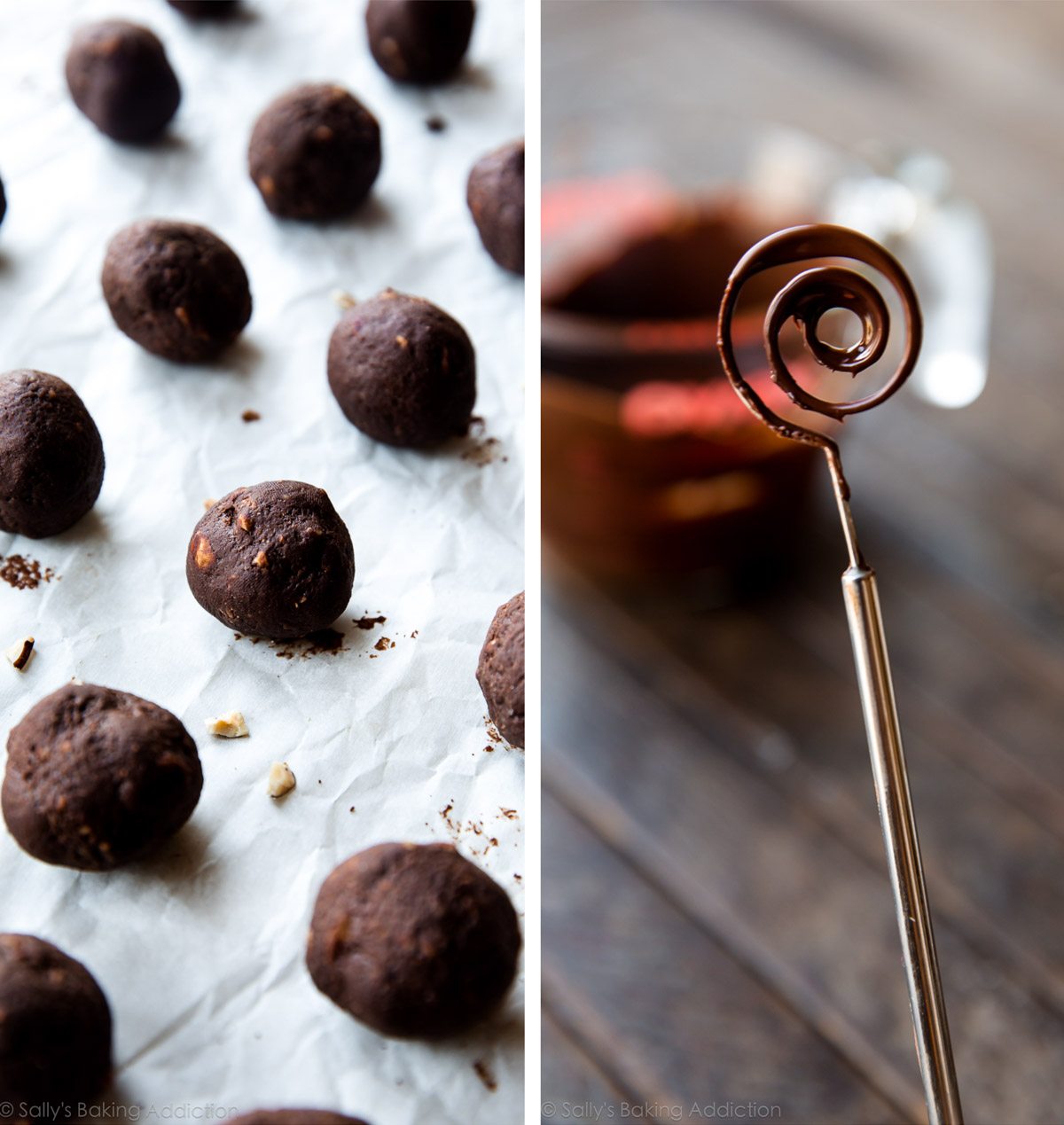 2 images of chocolate hazelnut truffle filling rolled into balls and a candy dipping tool