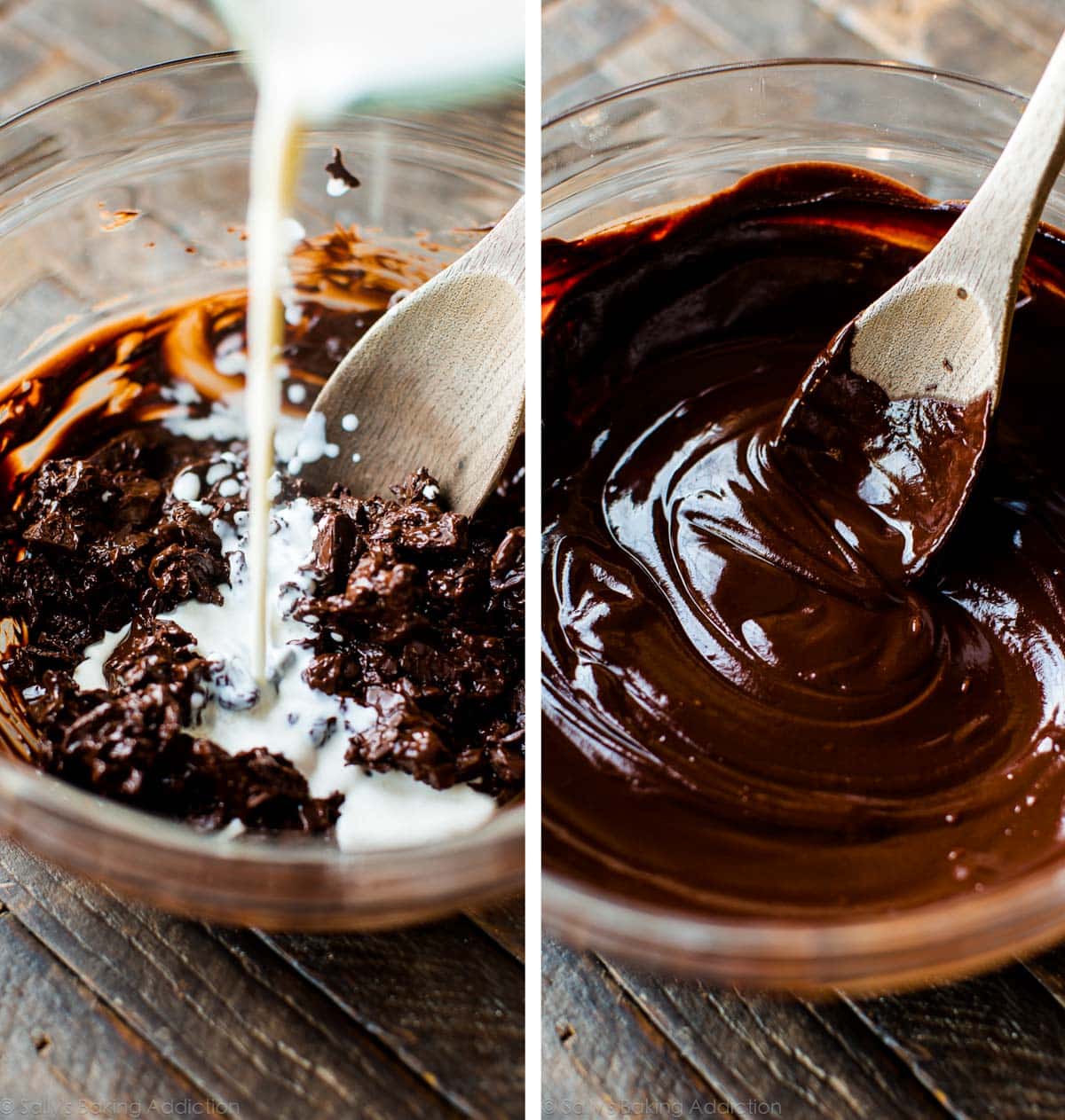 2 images of pouring cream into a glass bowl of melted chocolate and chocolate ganache in a glass bowl with a wood spoon
