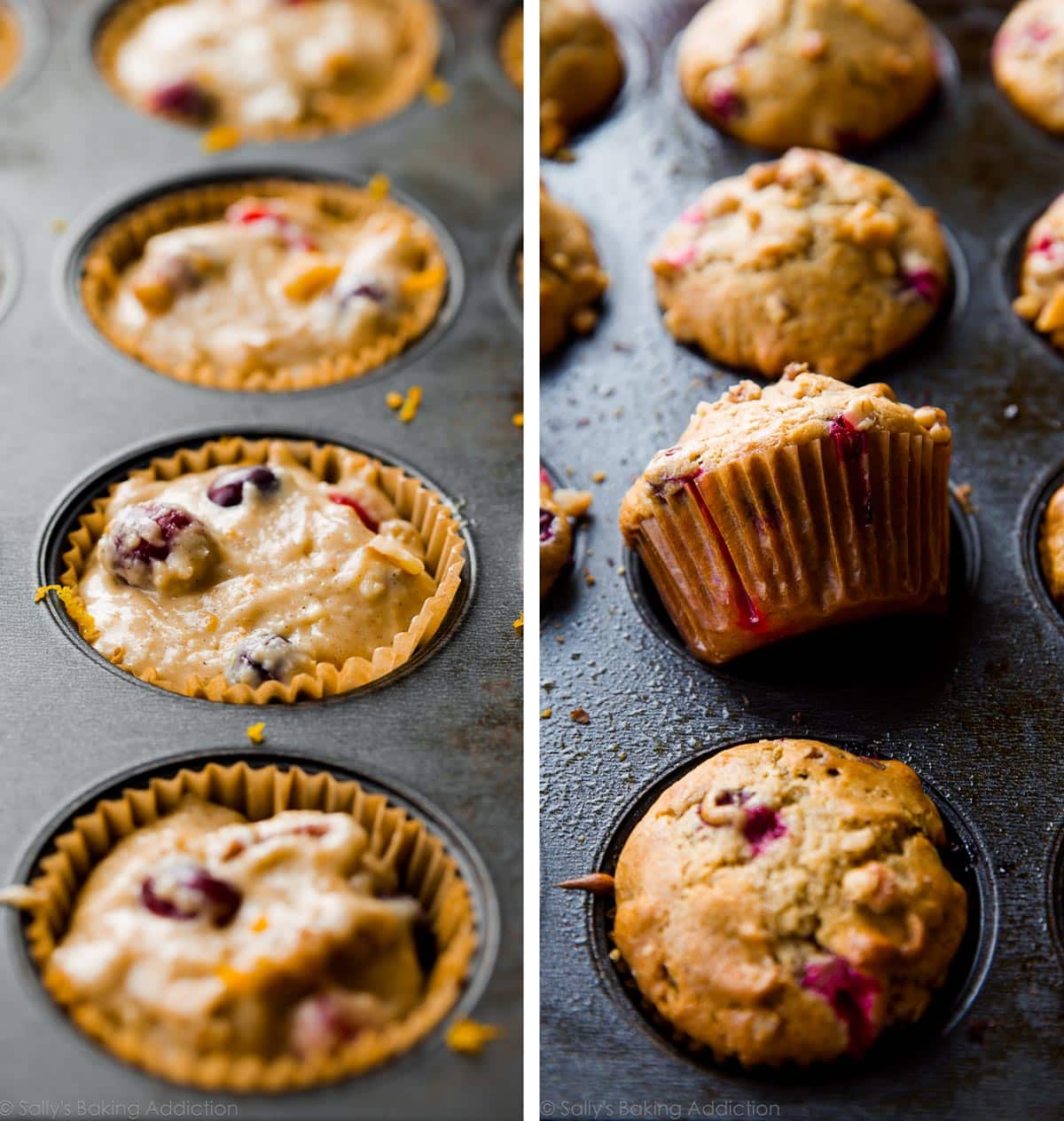 2 images of muffin batter in a muffin pan and baked muffins in a muffin pan