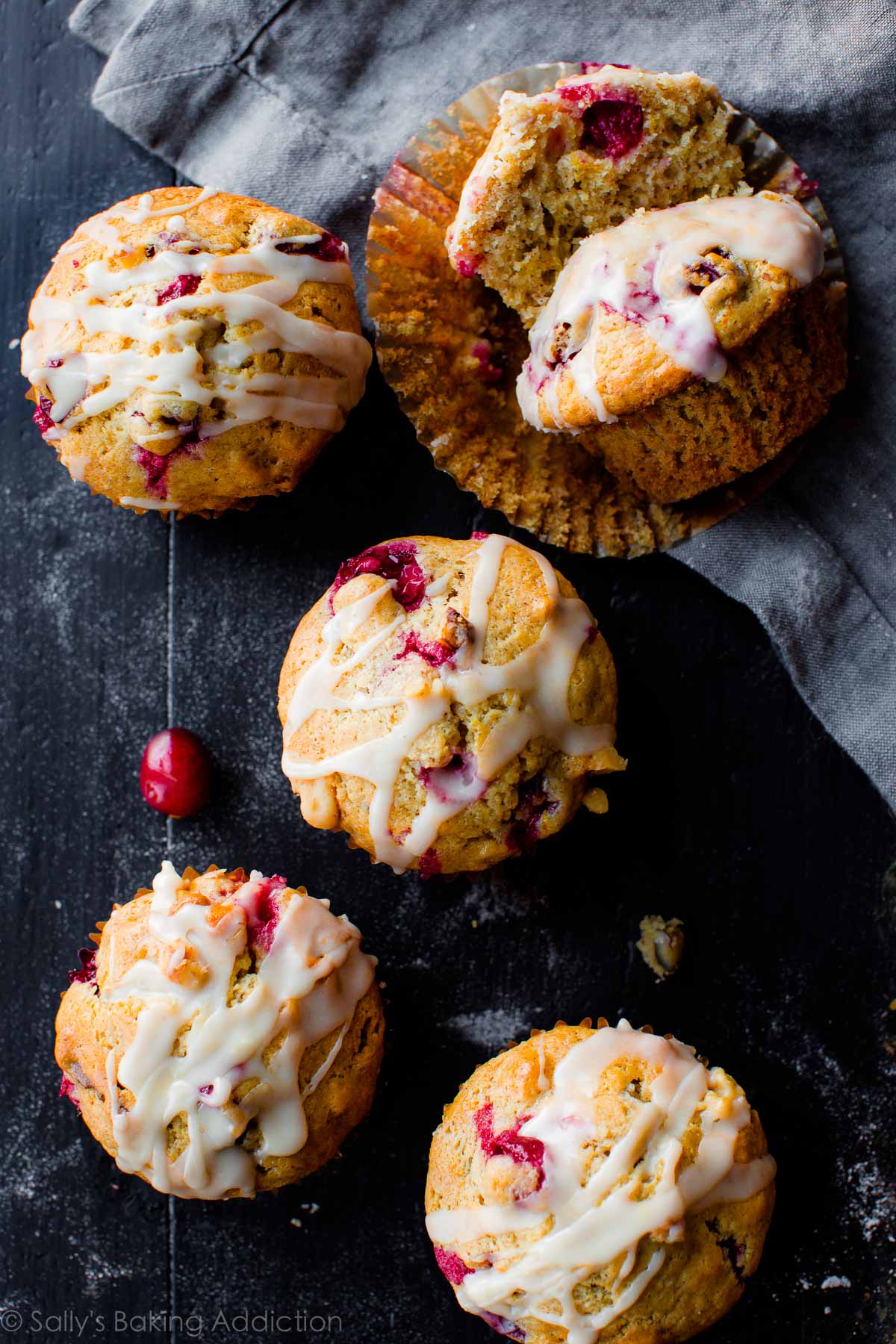 overhead image of cranberry cardamom spice muffins