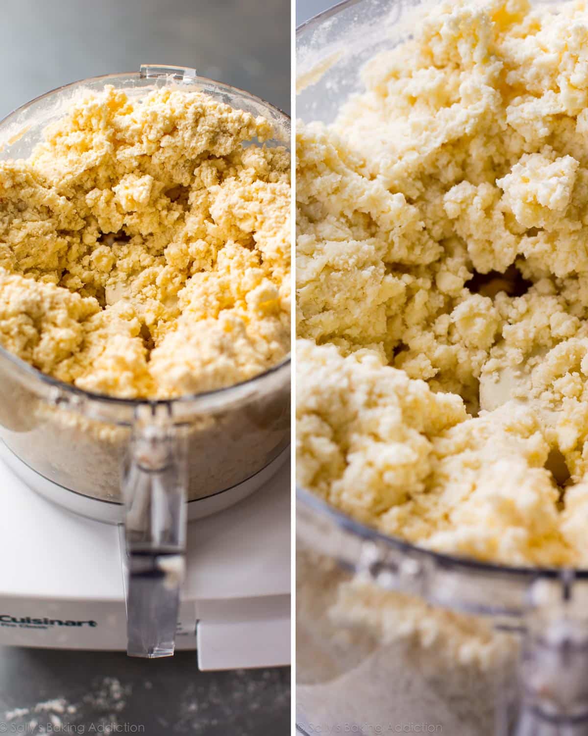 2 images of rugelach cookie dough in a food processor