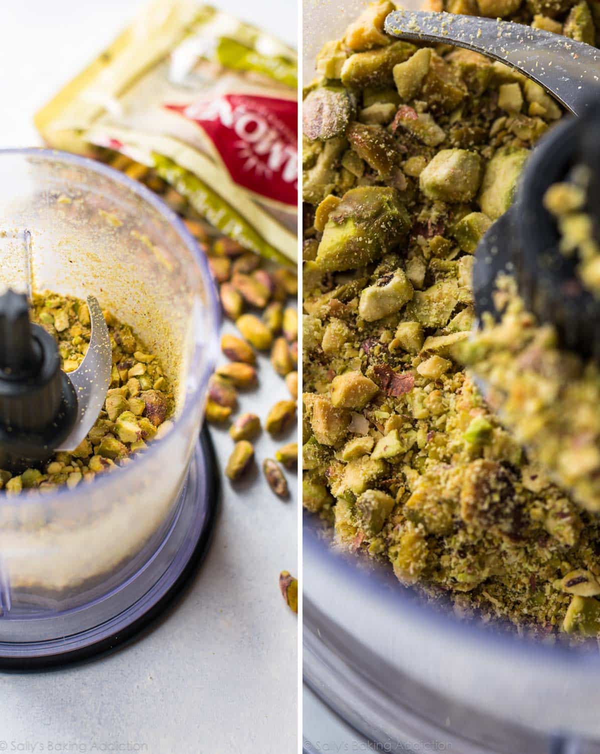 2 images of pistachios in a food processor