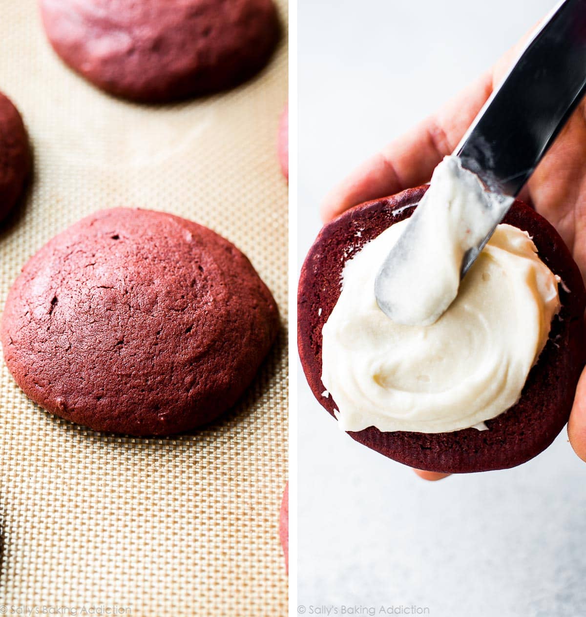 2 images of a red velvet whoopie pie on a silpat baking mat and spreading cream cheese filling onto a whoopie pie
