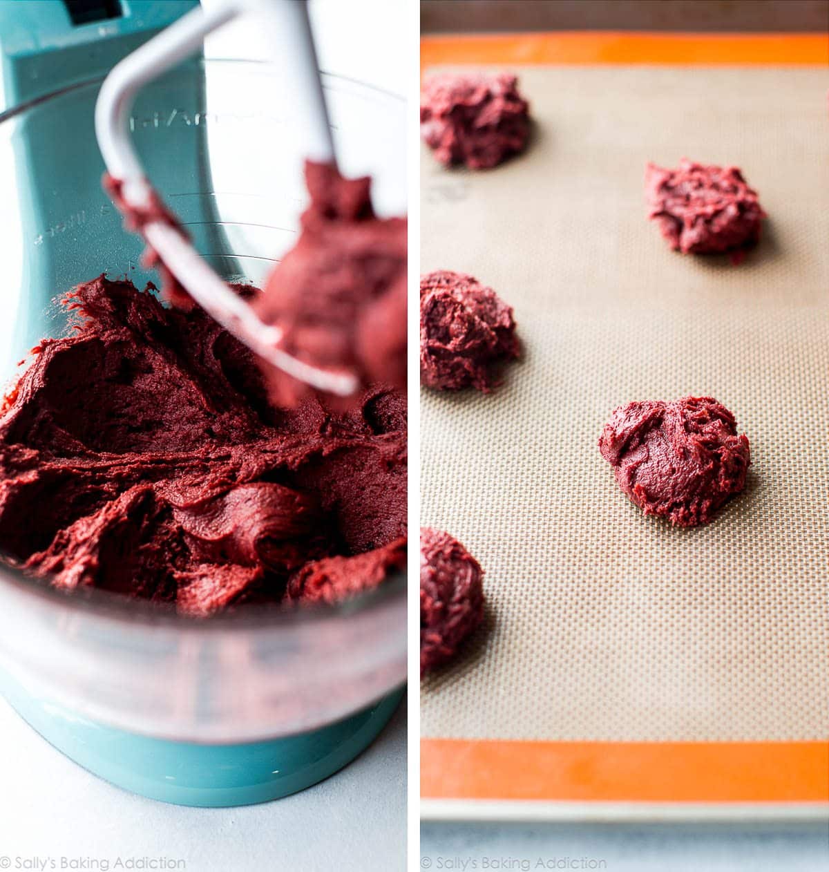 2 images of red velvet whoopie pie batter in a glass stand mixer bowl and mounds of batter for red velvet whoopie pies on a silpat baking mat on a baking sheet