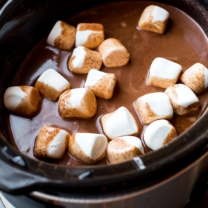 hot chocolate in a slow cooker with marshmallows